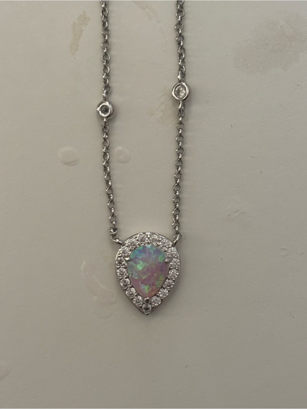 Sterling Opal Teardrop Necklace with Halo in White